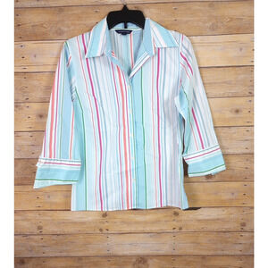 Lands' Ends Women Shirt 10 Blue White Orange Stripes Button Down Barrel Cuff